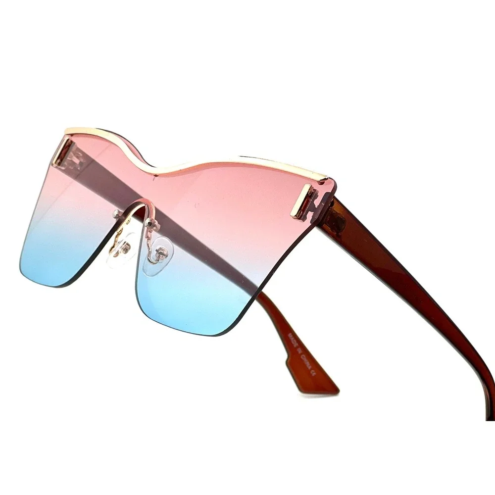 Oversized Shield Sunglasses Pink Blue Gradient Lens Rimless Gold Trim Butterfly